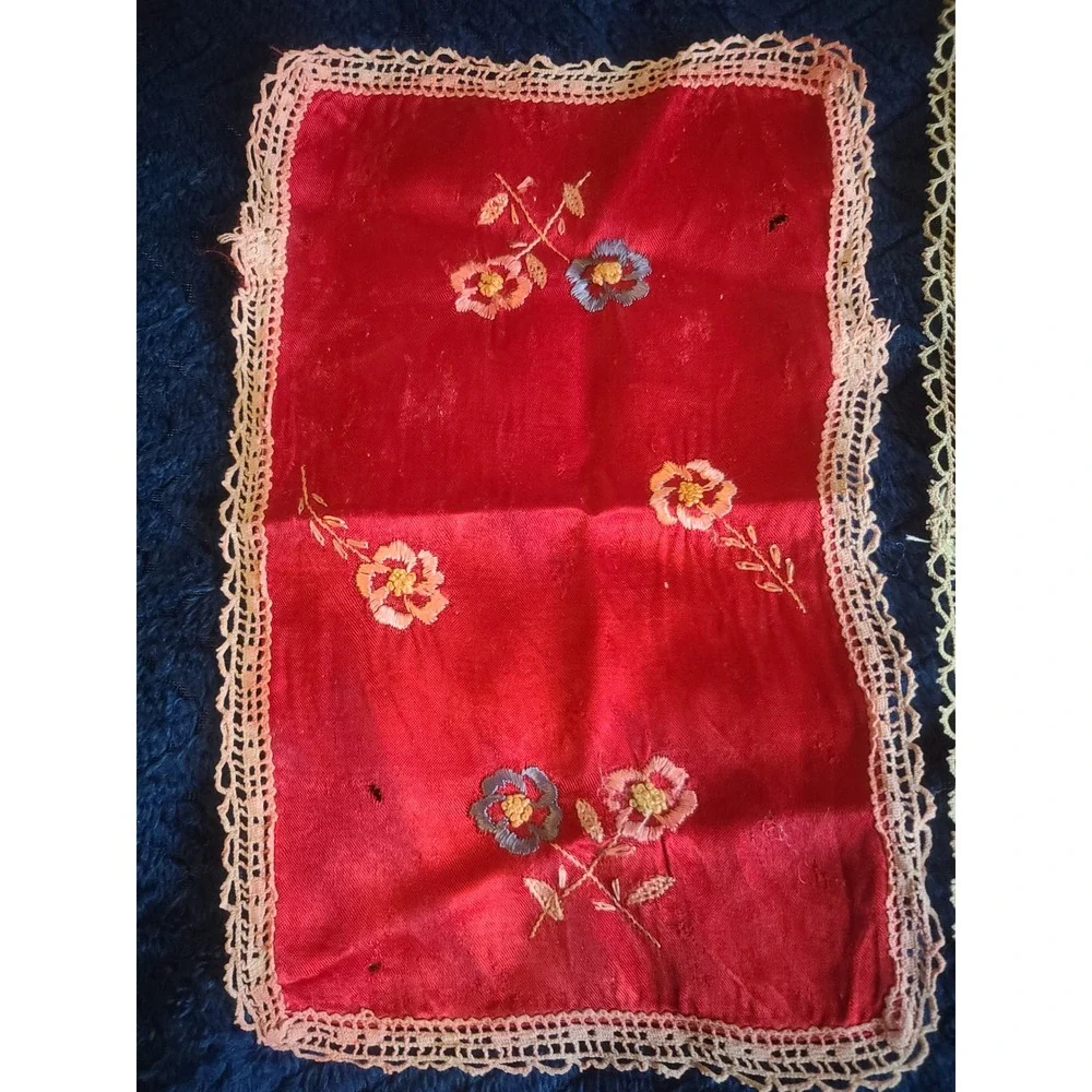 Vintage Terceira Azores Embroidered Red Silk Linens Set 3pc Floral Crochet Lace